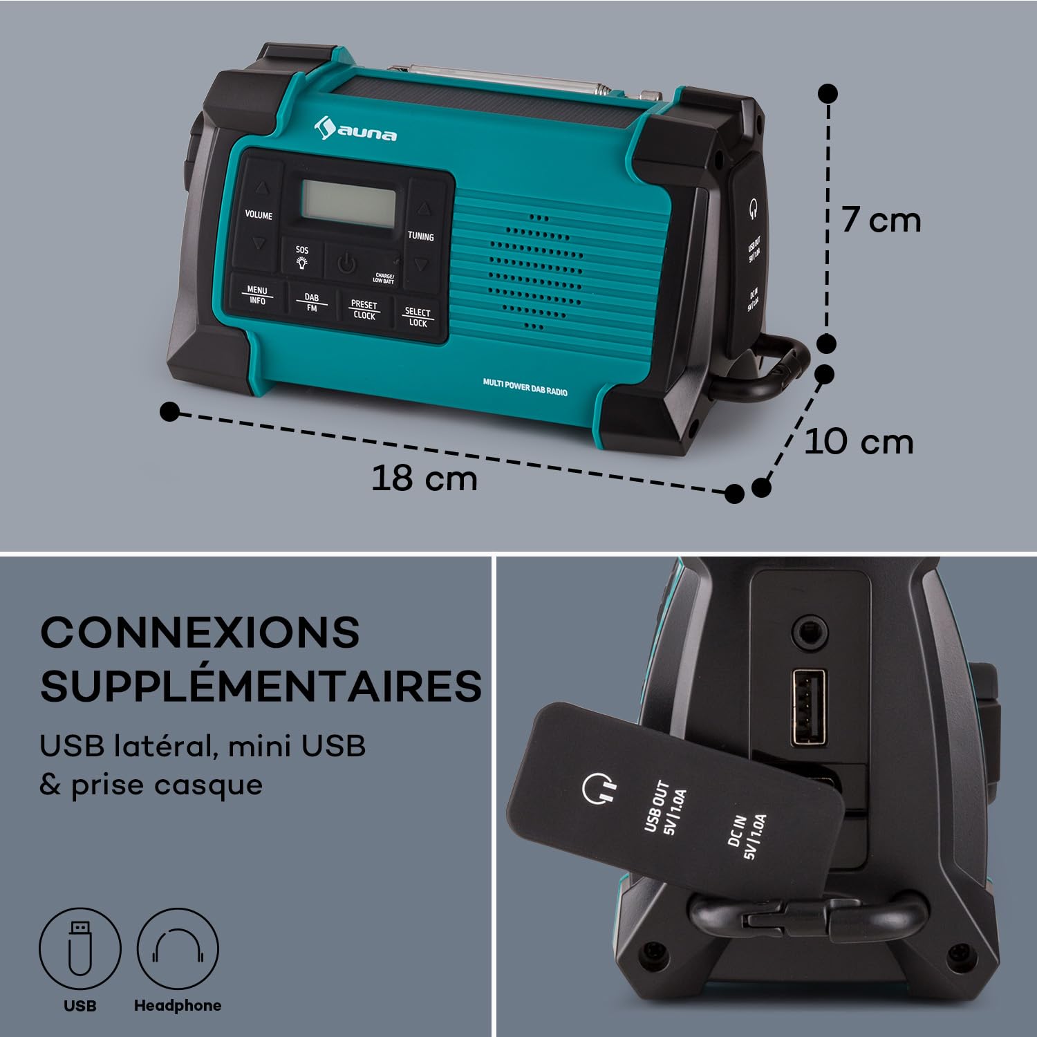 Auna Radio Portable Bluetooth et Rechargeable, Petit Poste Radio Numérique 1W Dab/Dab+/FM/Streaming, Mini Portables Stéréo, Écran LCD, FM WiFi, Alarme Reveil Alimentée au Secteur