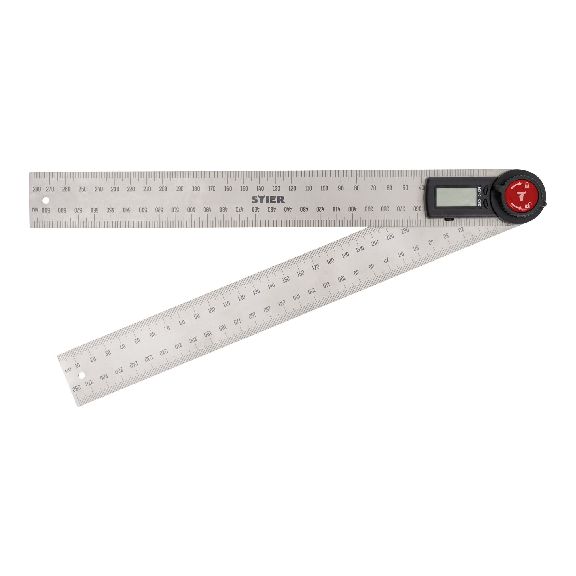 STIER Digitaler Winkelmesser SDW-300 LCD-Display ±0,3° rostfreier Stahl 300 mm, Verstellbar, Gradmesser, Multifunktionswinkel, Zentrierwinkel, Ergonomisch geformte Knöpfe