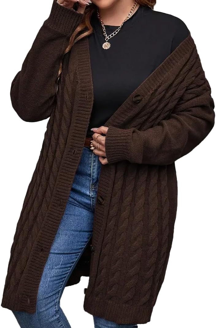 Cable Knit Long Cardigan Sweater, Button Front