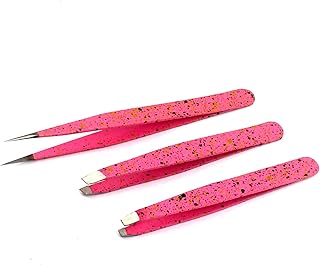 PC 3 Premium Stainless Steel Eyebrow Tweezers with Pouch, Tweezers Set with Slant, Straight and Pointed Tips - Precision Calibrated - Best for Eyebrow, Ingrown Hair and Splinters (Pink & Black)
