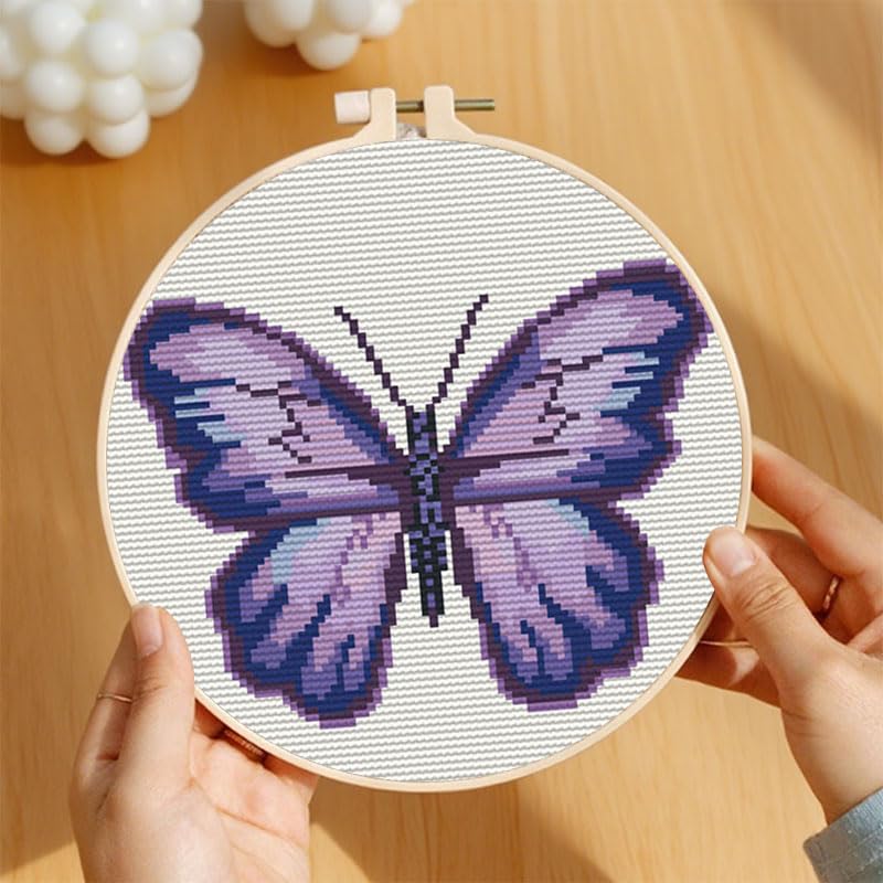 Image of Purple Butterfly 11CT Stamped Cross Stitch Kits Easy for Beginners Child with Hoop DIY Needlepoint Counted Embroidery Kits Art Craft Wall Decor 12x12IN(2)