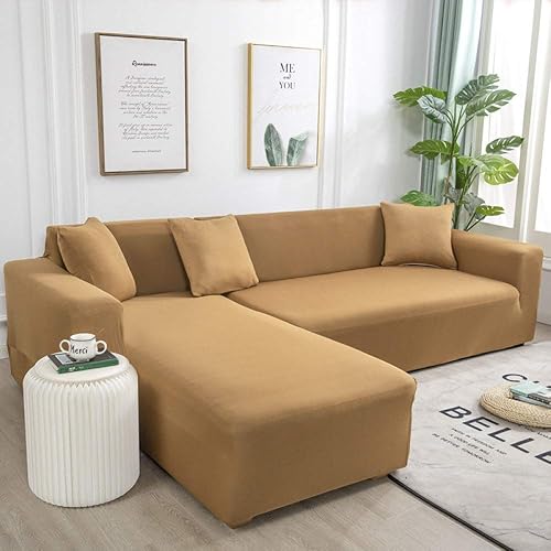 Funda de sofá en forma de L, fundas de sofá seccionales, de color liso, de color caqui, de esquina, sofá, de tela, antideslizante, para cuatro