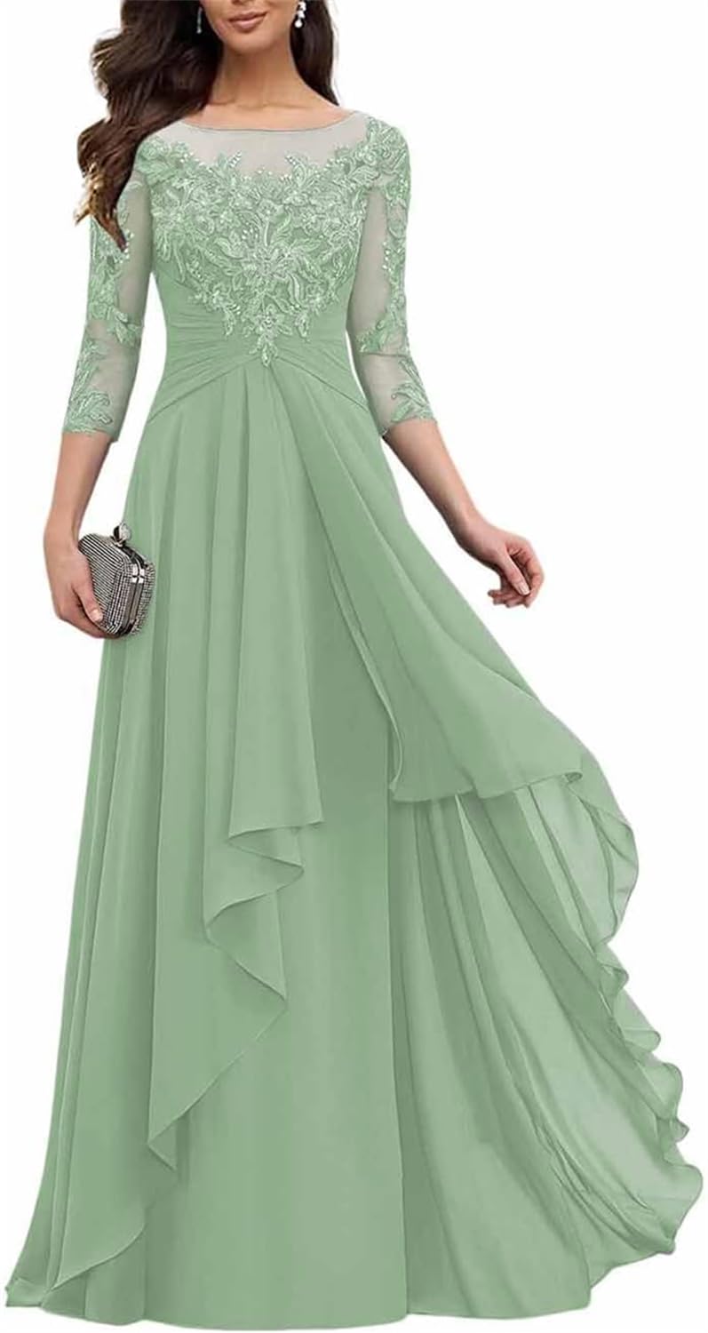 YIANN Sage Green Mother of The Bride Dresses for Women with Sleeves Chiffon Long Mother of Groom Dress with Lace Applique UK6
