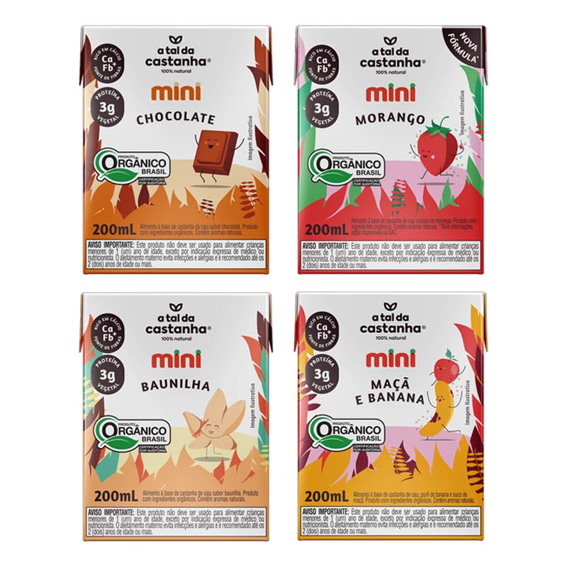 Kit 4 Leite Vegetal Mini A Tal da Castanha: Chocolate, Morango, Baunilha, Banana