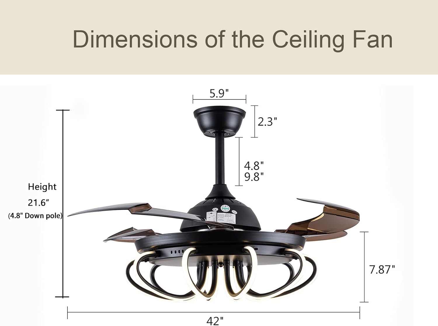 Creative Design Black Ceiling Fan with Light,Postmodern LED Chandelier Fan with 4 Retractable Blade and Remote 3 Color Changing Indoor Fandelier,42 Inch