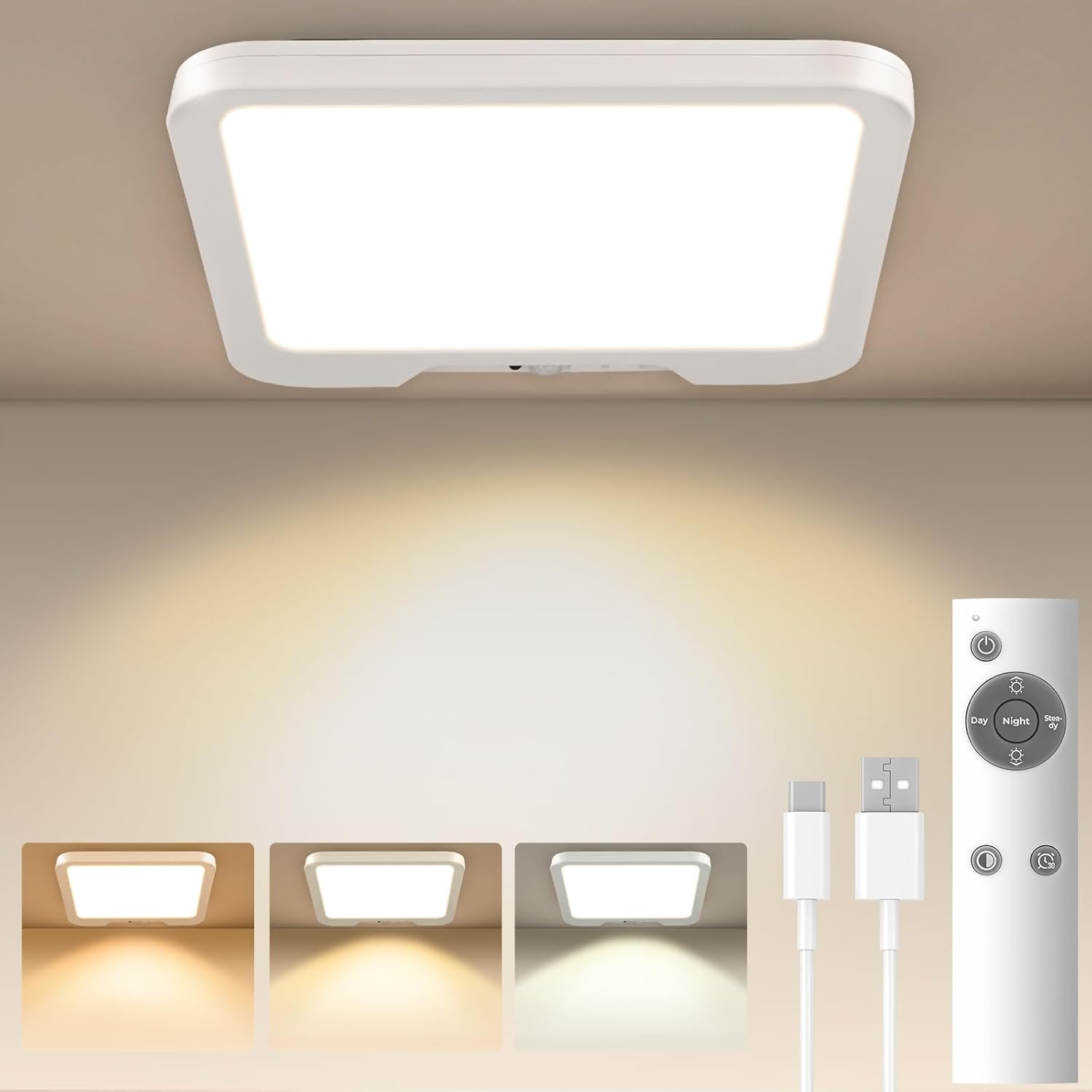Amzpas Rechargeable Motion Sensor Ceiling Light with Remote, Magnetic Wireless Ceiling Light Battery Operated for Closet Shower Stairs Hallway Porch Pantry Garage Patio Shed (1 Pack)