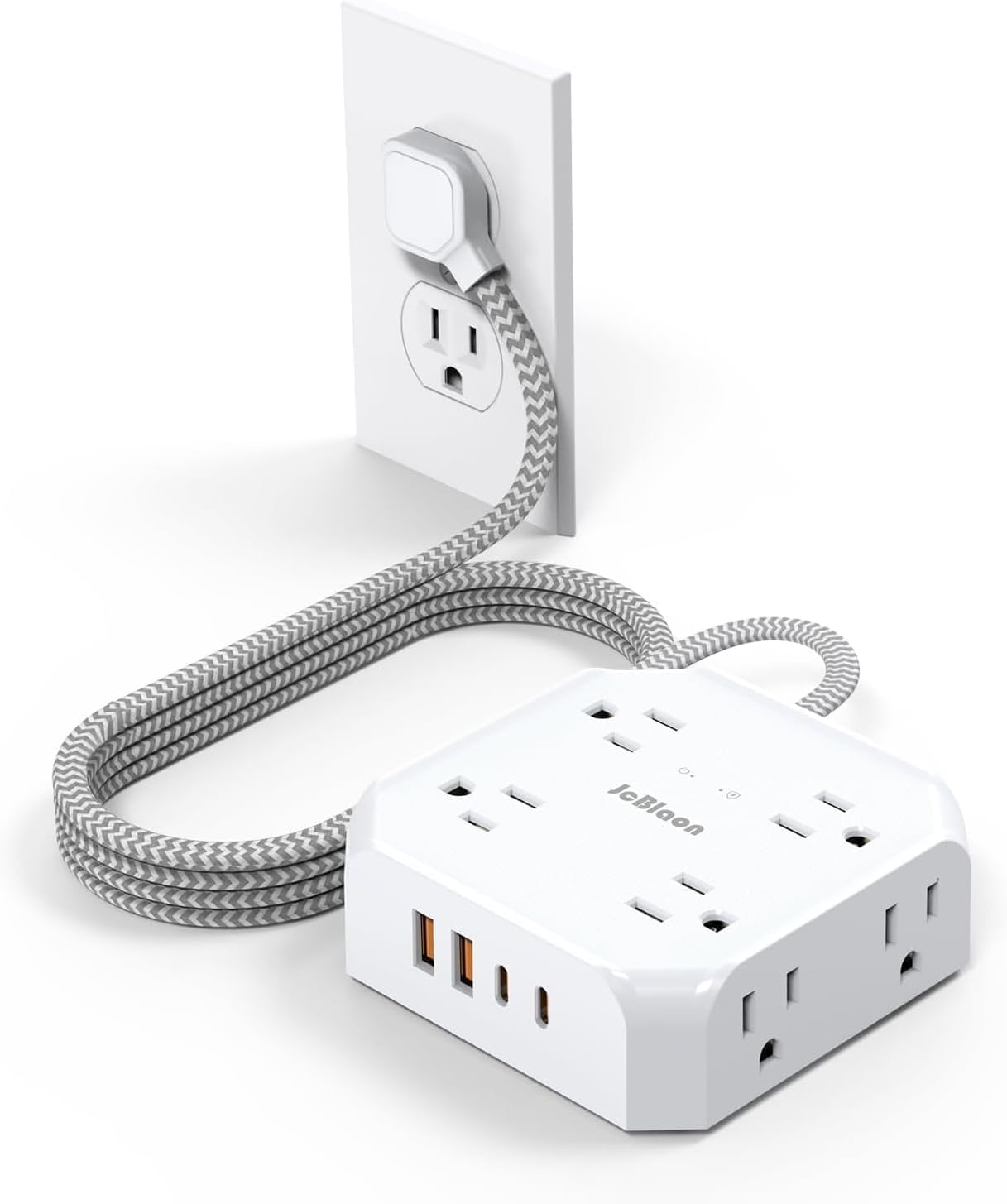 Surge Protector Power Strip, Ultra Thin Flat Plug Extension Cord with 8 Widely Outlets 4 USB Ports, 3-Side Outlet Extender Strip with 5Ft Braided Extension Cord for Home, Office, Dorm Room Essentials