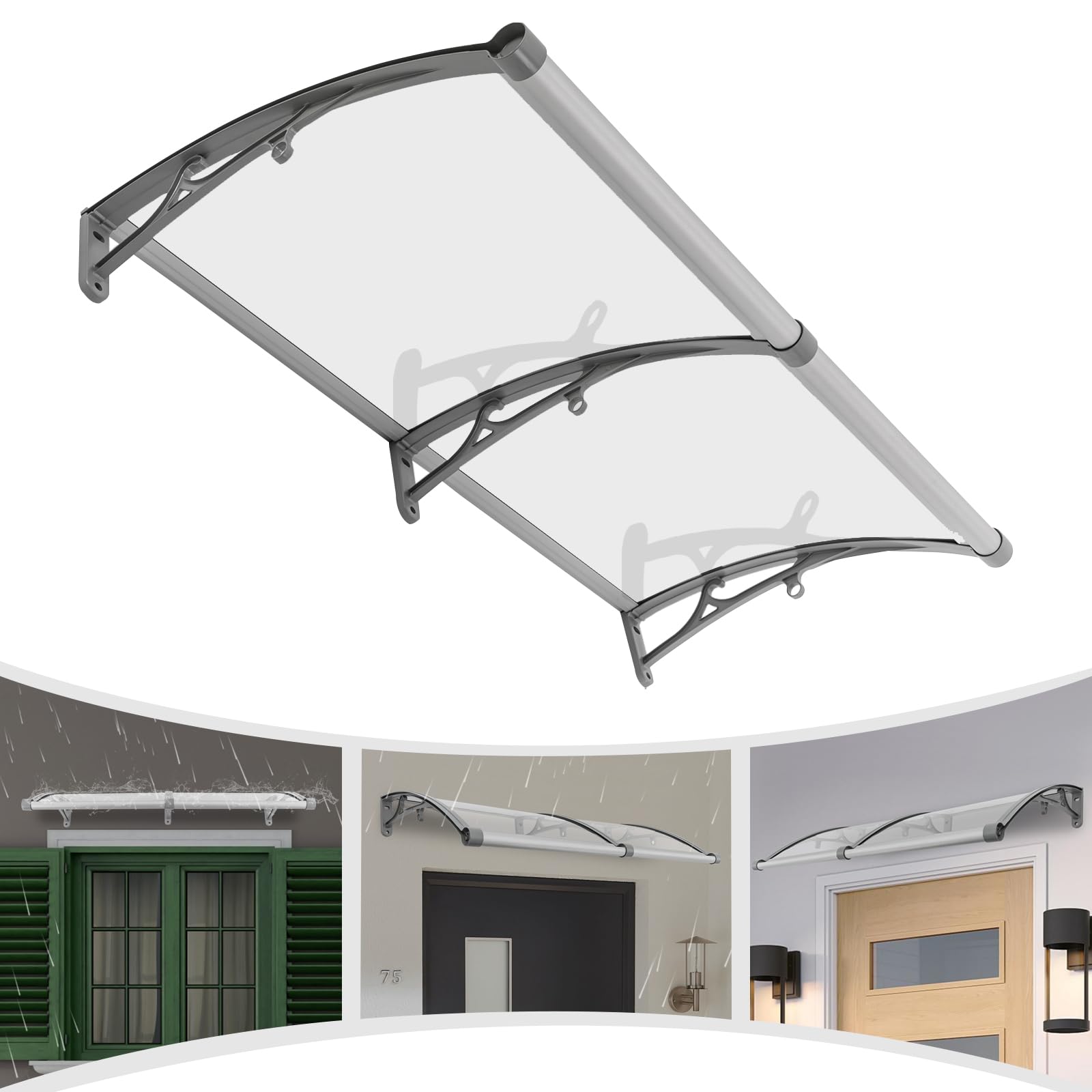 Marquesina De Policarbonato Transparente Para Puerta – 100x300 Cm, Aluminio Y ABS, Protección Contra Sol Y Lluvia