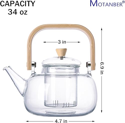Miniatura 2 de Tetera de vidrio, tetera transparente segura para estufas con infusor, 34 onzas (33.8 fl oz), para té de flores florecientes y té de hojas sueltas