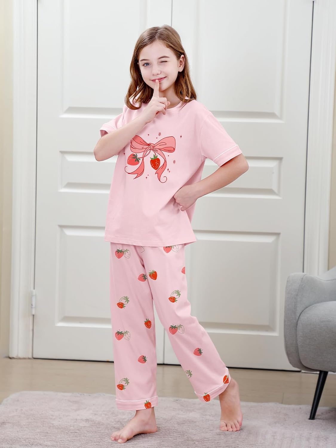Umeyda Girls Pajamas Set, Cotton Pjs Cartoon Pattern 3PCS Sleepwear Lounge for Kids Size 5-14 - Image 5