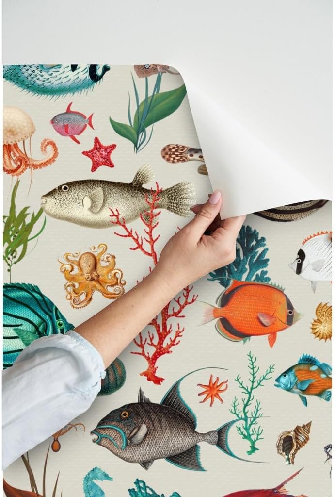 Peel & Stick Wallpaper Swatch - Beige Ocean Sea Creatures Fish Tropical Underwater Coral Custom Removable Wallpaper by Spoonflower