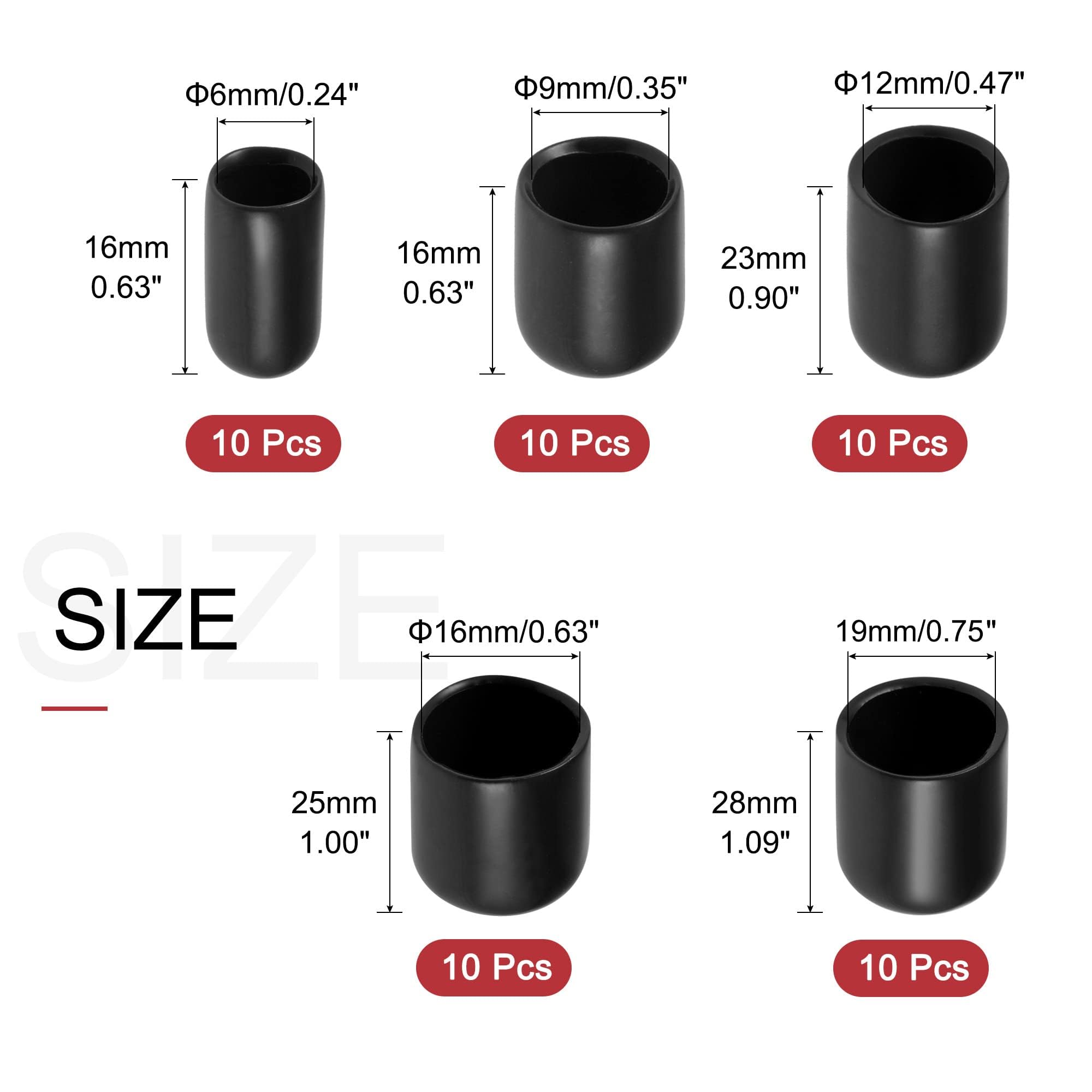 TA-VIGOR 50Pcs Rubber End Caps, 6mm / 9mm / 12mm / 16mm / 19mm ID Round Flexible Screw End Caps Thread Protectors - Image 2