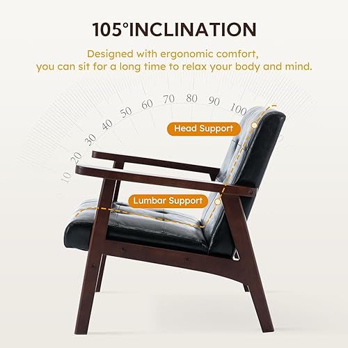 Miniatura 7 de Bonzy Home Silla decorativa negra, sillas modernas de piel sintética de mediados de siglo para sala de estar, sillón tapizado, cómoda silla auxiliar