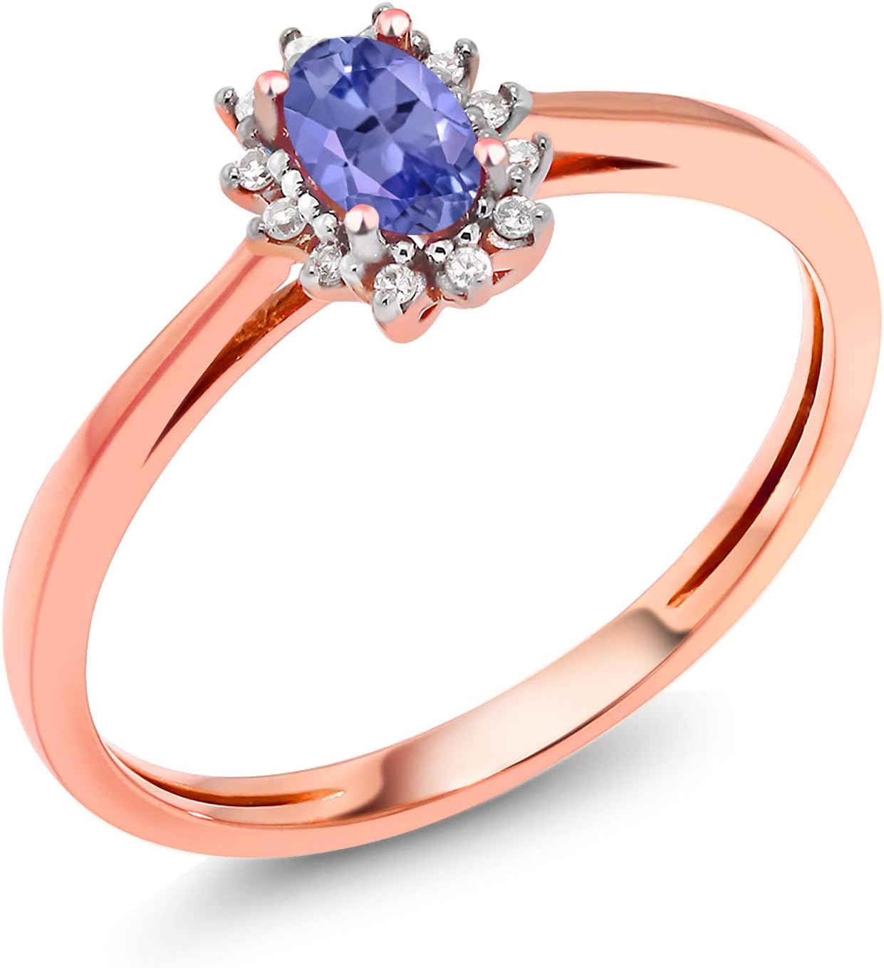 Gem Stone King 0.31 Ct Oval Blue Tanzanite White Diamond 18K Rose Gold Ring