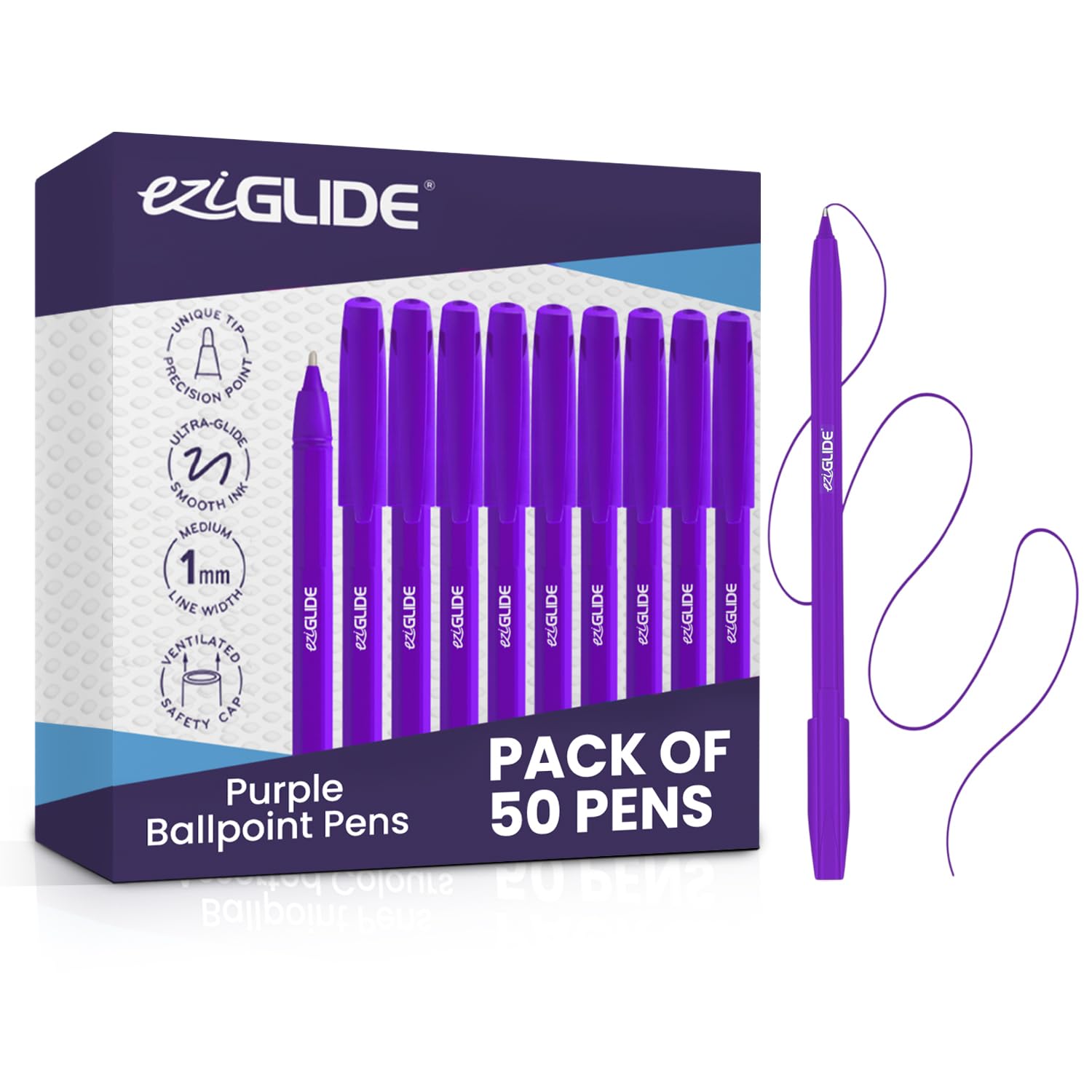 50-Pack Ballpoint Pen Set, Purple – Medium Point Nib (1.0mm) for Fine Ballpoint Precision & Easy Grip – Bulk Pens, Ideal for Home, Office, Work, Exams & School Supplies