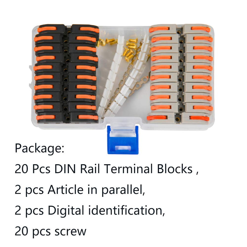 DIN Rail Terminal Blocks Kit - Universal Compact Wire Wiring Connector (20connectors +2 Rail Parallel + Digital Identifications + 2 Fixed Clamps + Screw)