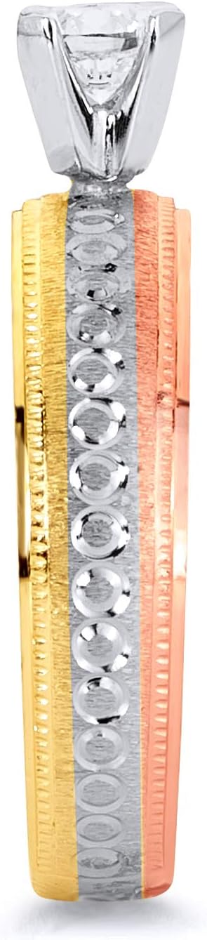 Wellingsale Ladies Solid 14k 3 Tri Color White Yellow and Rose/Pink Gold Polished Diamond Cut CZ Cubic Zirconia Engagement Ring