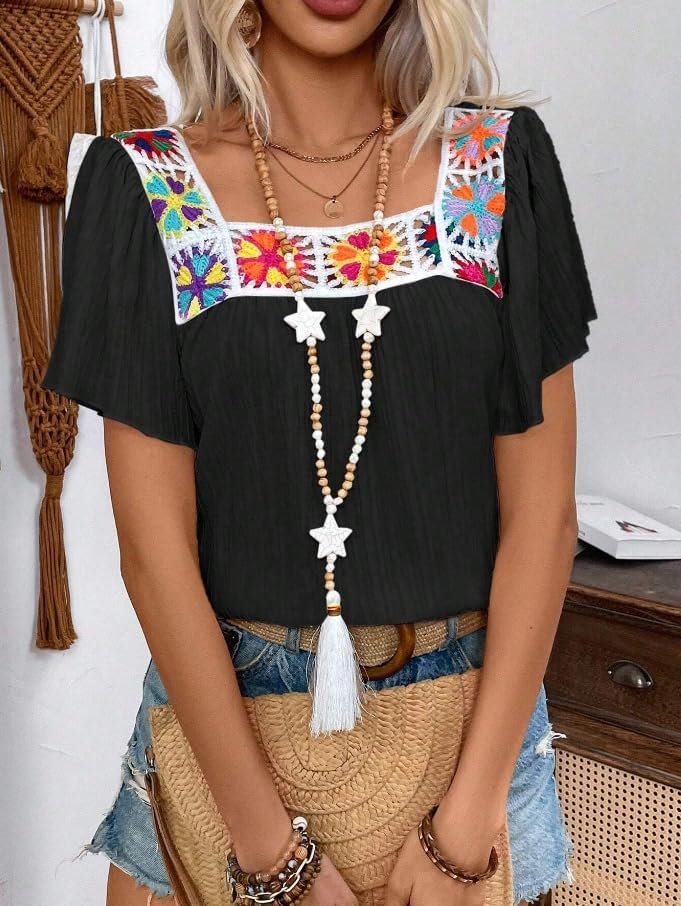 Melliflo Womens Summer Boho Floral Crochet Ruffle Short Sleeve Shirts Hollow Out Square Neck Tops Dressy Casual Blouse - Image 6