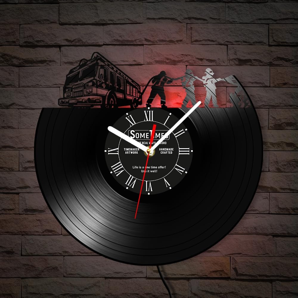 The Geeky Days Fire Department Wall Clock Custom Name, 7 Colors Changing Firefighter Vinyl Record Wall Clock LED Night Light Wall Watch Clock Silent Non Ticking Quartz Battery for Office Firemen Gift