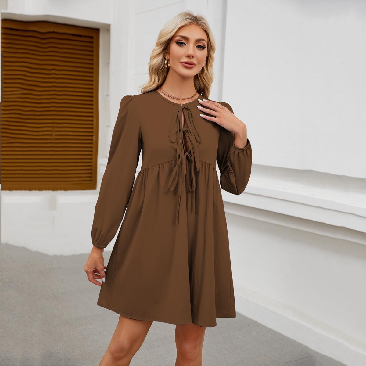 Robe Mini péplum à Manches Longues Bouffantes et nœud Papillon sur Le Devant pour Femme, Robes d'automne,Robe Courte à Volants en Ligne A, Robe Tunique Fluide Mignonne (Dark Brown,M)