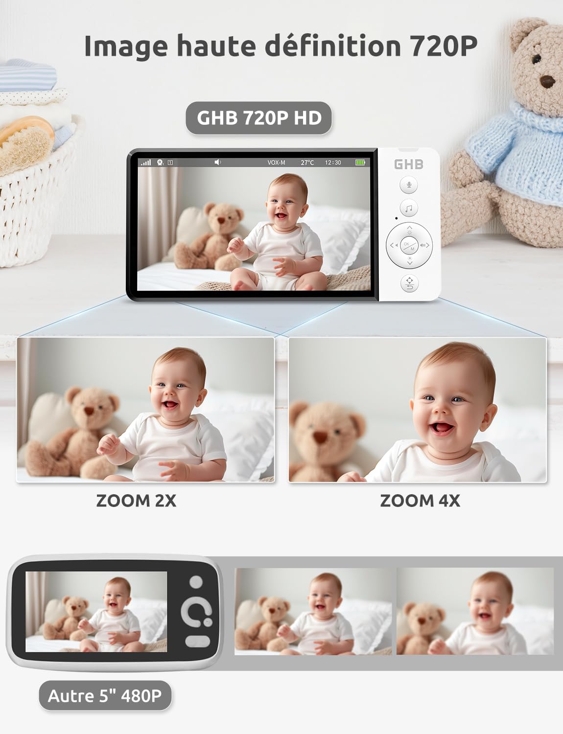 GHB Babyphone Camera 5" Rotation de 350° Camera Bebe Surveillance Vision Nocturne 720P 2,4 GHz sans Wi-FI VOX Capteur de Température Communication Bidirectionnelle 8 Berceuses
