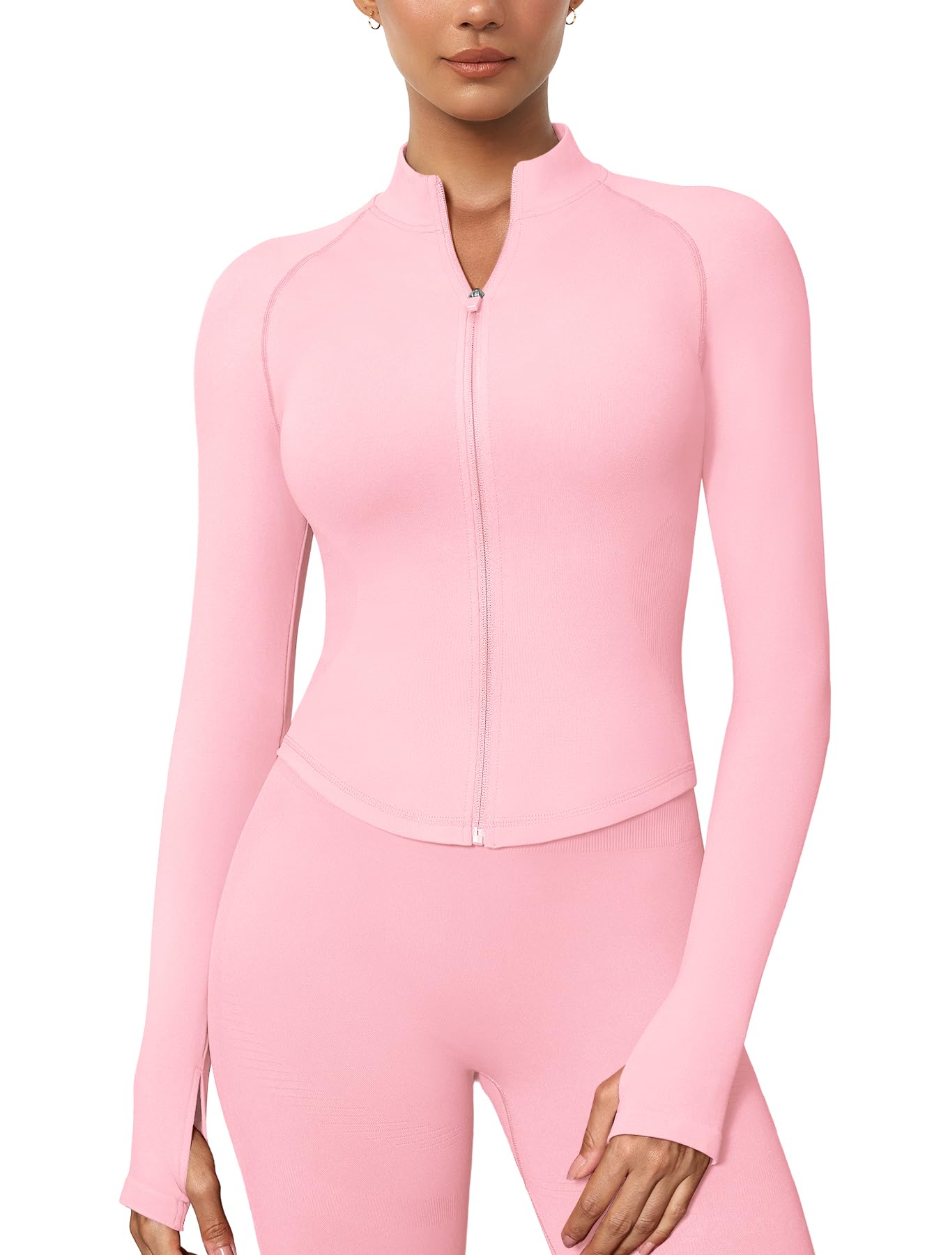 ZAAYO Sportshirt Damen Langarm Sport Oberteil Gym Yoga Top mit Reißverschluss Damen Langarm Gym Oberteil Crop Top mit Daumenloch Funktionsshirt Laufshirt Compression Shirts Rosa XS