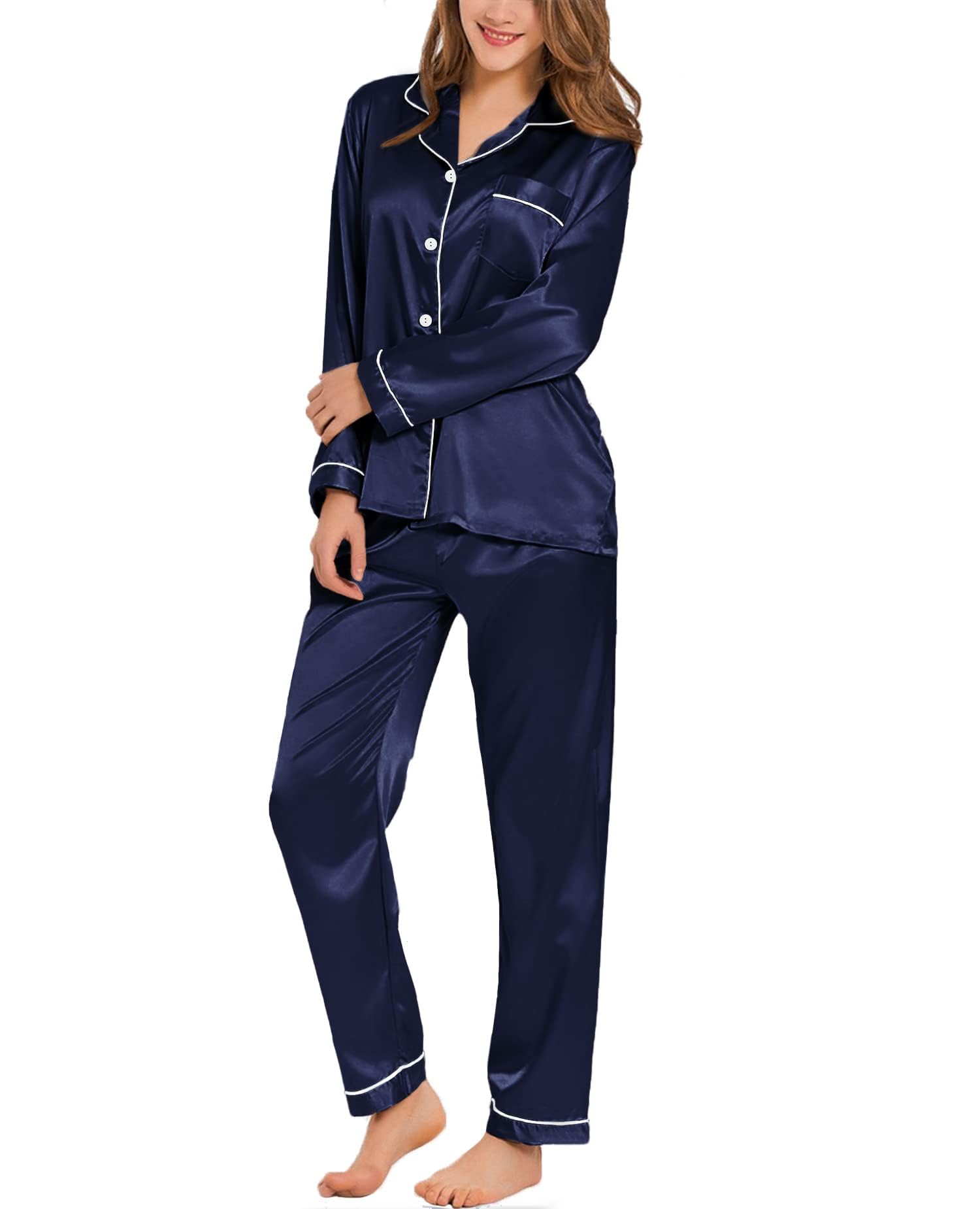 SWOMOG Satin Damen Schlafanzug mit Knopfleiste Langarm Nachtwäsche Pyjamas Set Zweiteiliger Nachtwäsche Hausanzug PJs