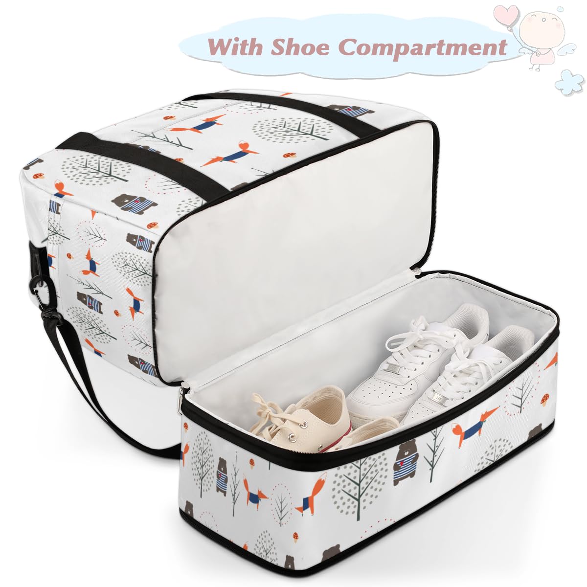 Fox Bear Forest - Borsone da viaggio pieghevole, 47 l, con maniche a trolley, borsa a tracolla separata bagnata per sport, palestra, viaggi, Multi, 47L, Borsone da viaggio