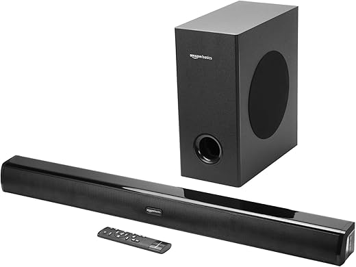 Amazon Basics Soundbar with Wired Subwoofer, 150W RMS, 2.1 Channel, Remote Control, BT v5.3, HDMI (ARC), Optical, Aux, USBy, Compatible with TVs,…