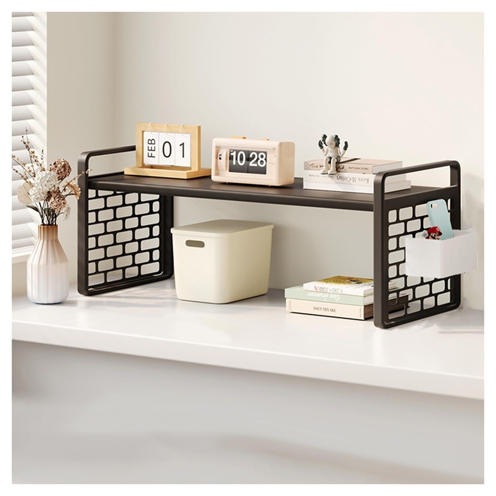 Libreria Da Scrivania In Ferro E Legno - Libreria Da Scrivania Con Cestino Appeso, Mensola Espositiva Multiuso Da Banco, Scaffale Portaoggetti Per Piccoli Spazi(Black,30x20x18 cm)