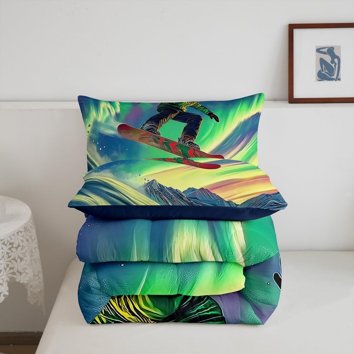 Erosebridal Aurora Skiing Bedding Set Twin Size,Winter Ski Themed Comforter Set for Kids Adults,Snowboard Skier Quilt Bed Set Snow Mountain Scene Bed Comforter Sets with 1 Pillowcase Room Decor