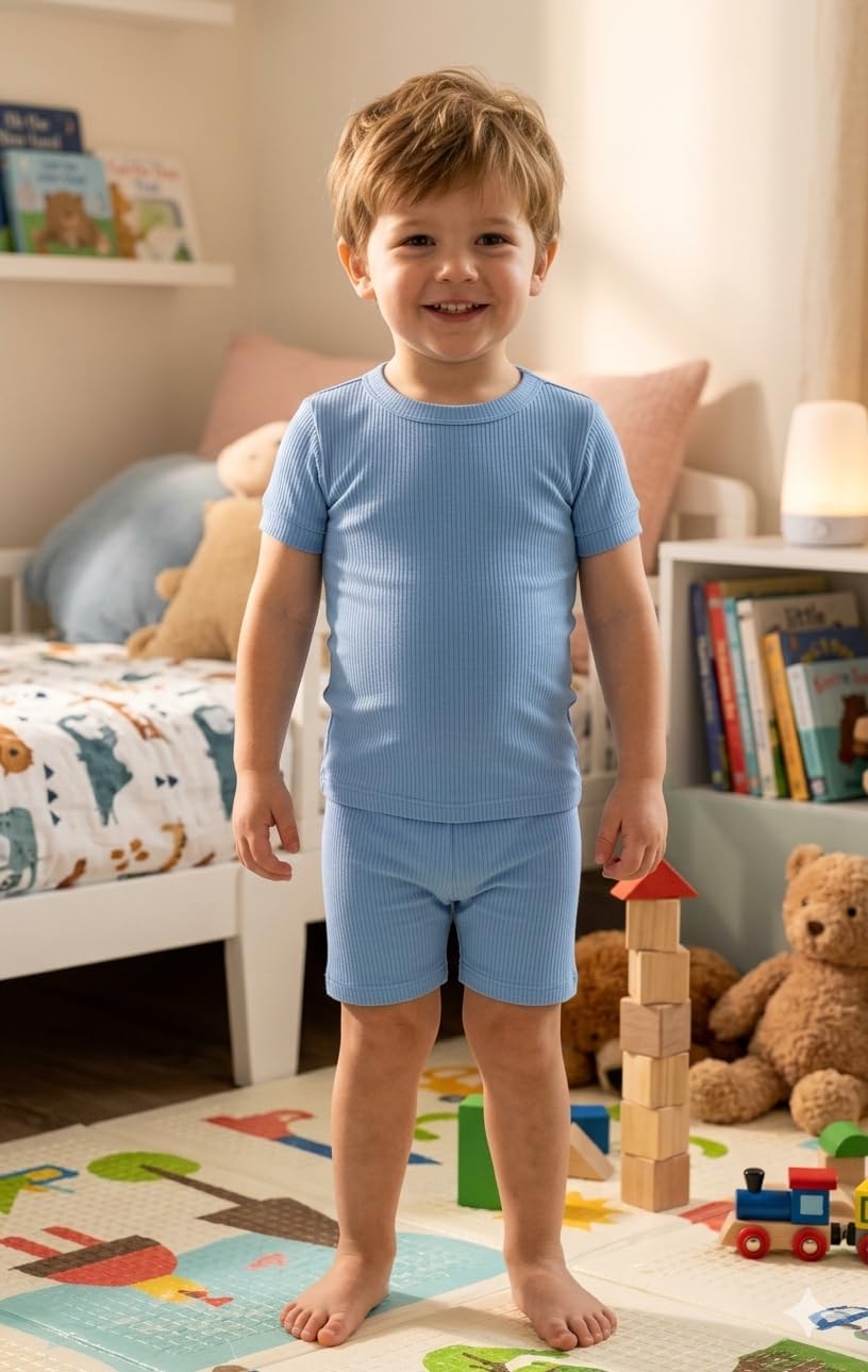 Mon Petit Baby Boys' Pajama Set - 8 Piece Rib Knit Sleepwear Shirt and Pajama Shorts (12M-7)