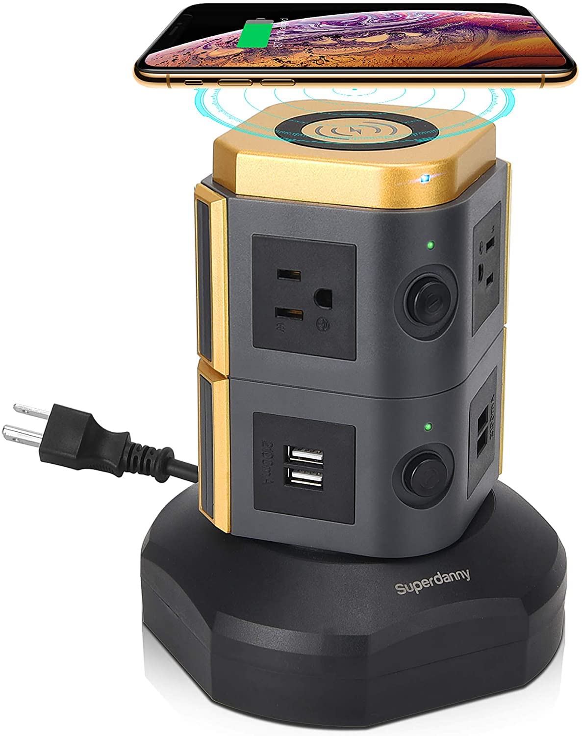 MHA Wireless tower charger, Multi socket Power Strip Tower with 2M extension cord switched power strip, 900J Surge Protector, Spin Standing Charging Station with 5 AC Outlets + 4 USB Ports (White)