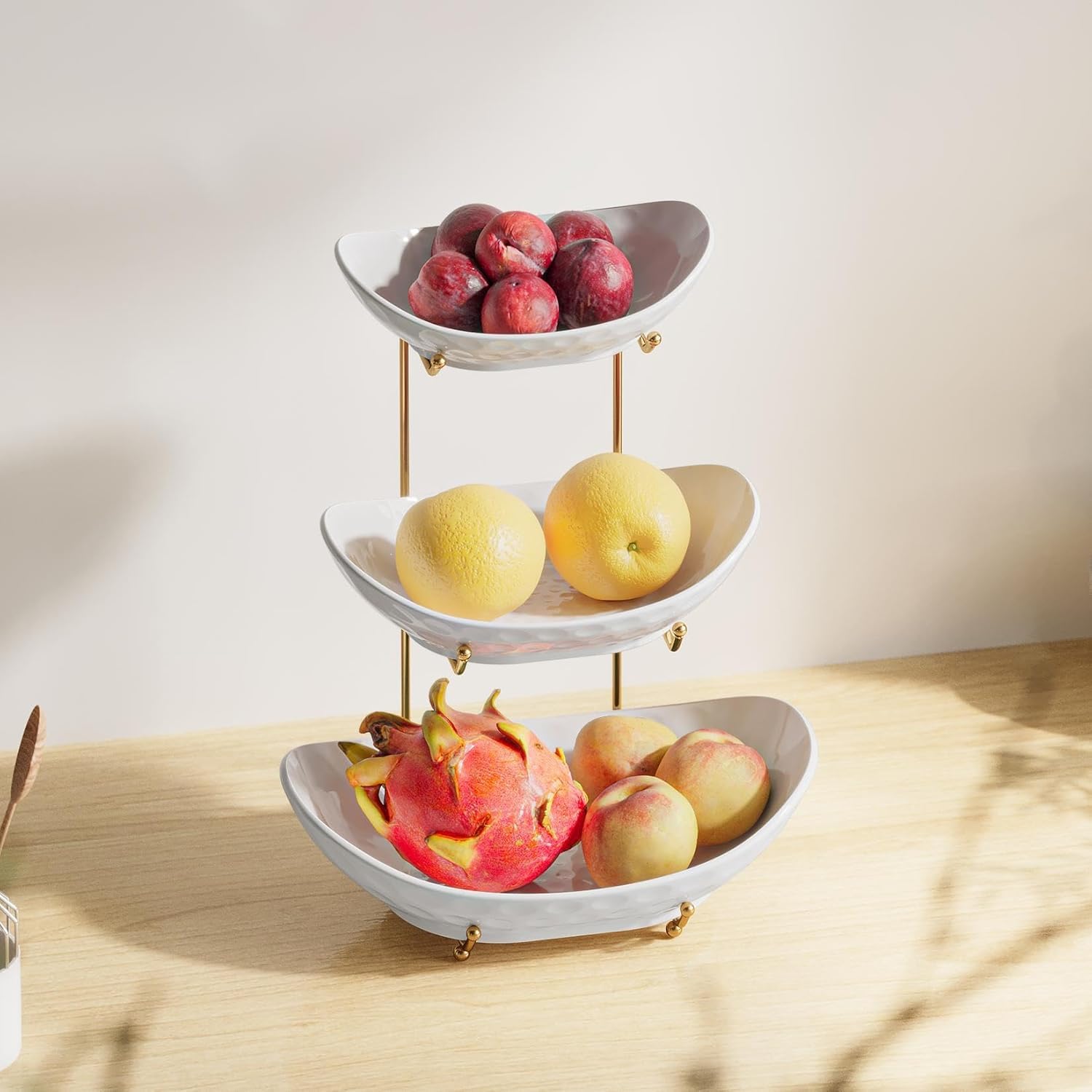 Miska na owoce, 3-poziomowy ceramiczny kosz na owoce, stojak do serwowania, miska do serwowania z metalowym stojakiem, porcelanowe miski kuchenne do przechowywania owoców, warzyw, przekąsek,
