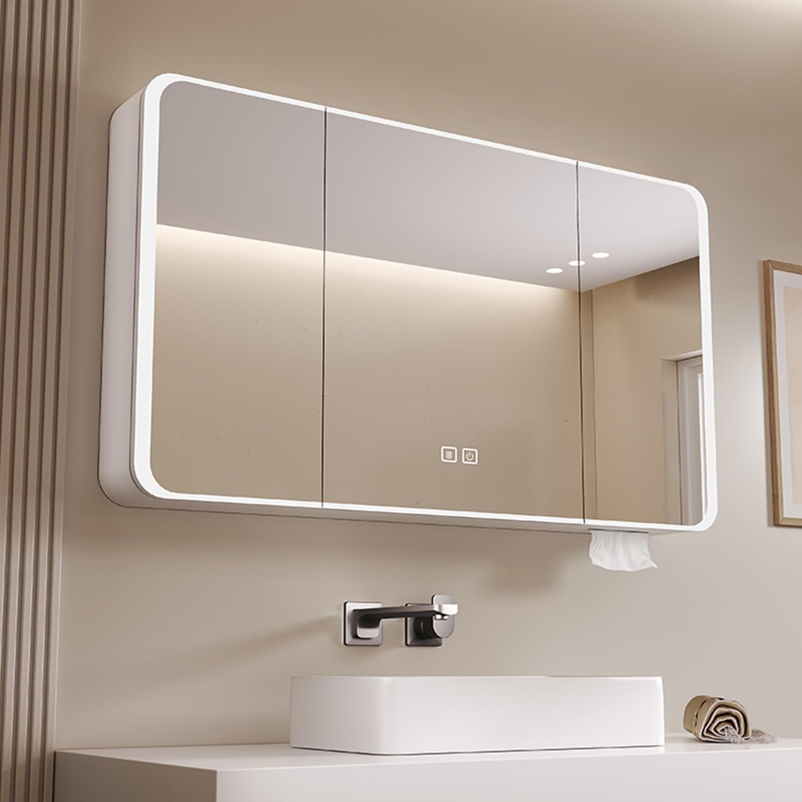 Armario Espejo Baño Con Luz Y Almacenamiento, Armario Baño Pared Para Antivaho, Armario Baño Con Espejo, Armario Baño Pared Con Espejo Y Luz,armario Espejo Baño Con Luz Y Enchufe(White,120cm/47.2in)