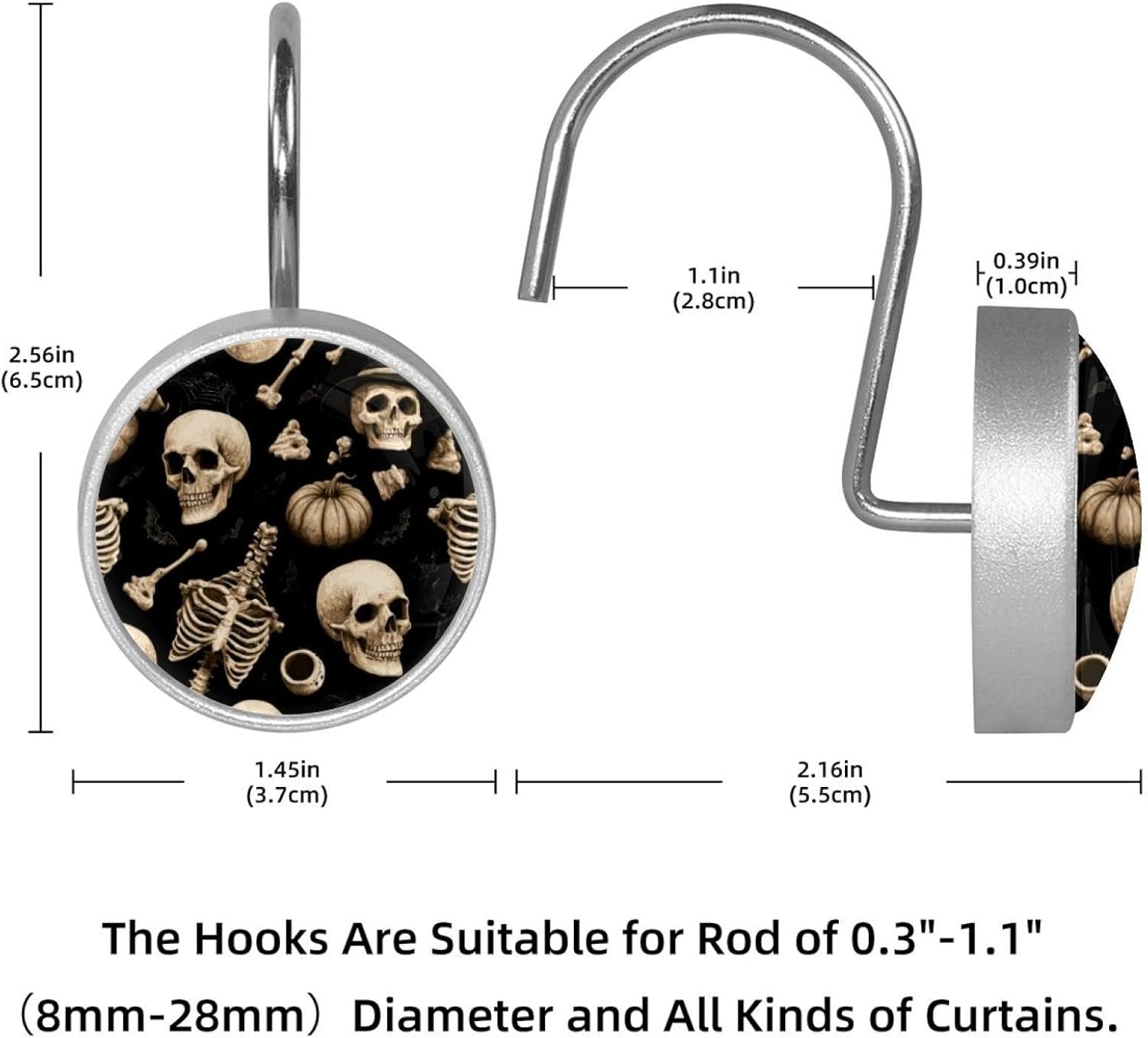 Halloween Skeleton Pattern (3) Round Crystal Glass Decorative Shower Curtain Hooks with 3D Pattern Visual, Rust Proof Shower Curtain Rings-12 Pack