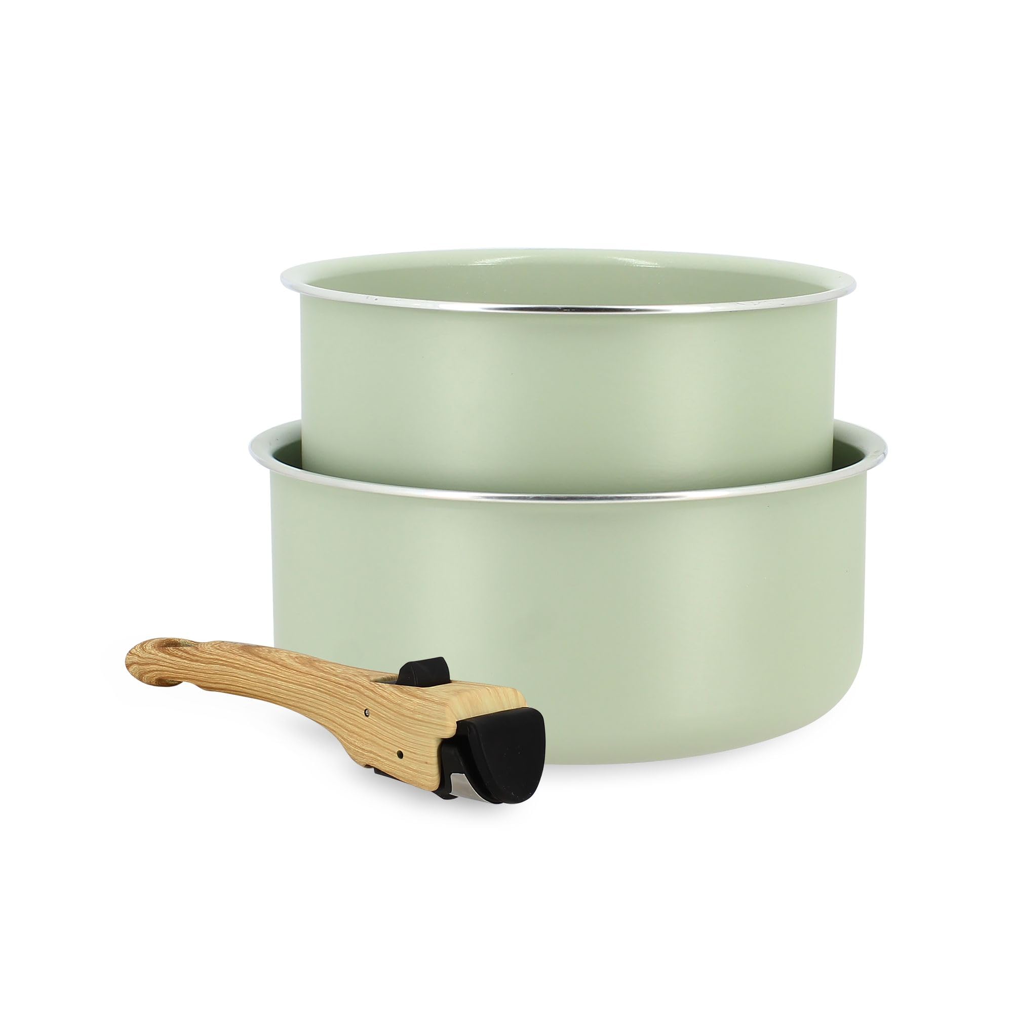 MENASTYL - Lot de 2 Casseroles Amovibles Empilables 16 et 18 cm - Tous Feux Dont Induction - Revêtement Céramique Antiadhésif sans PFAS - Gamme Colorama - Couleur Céladon - 98% Aluminium Recyclé
