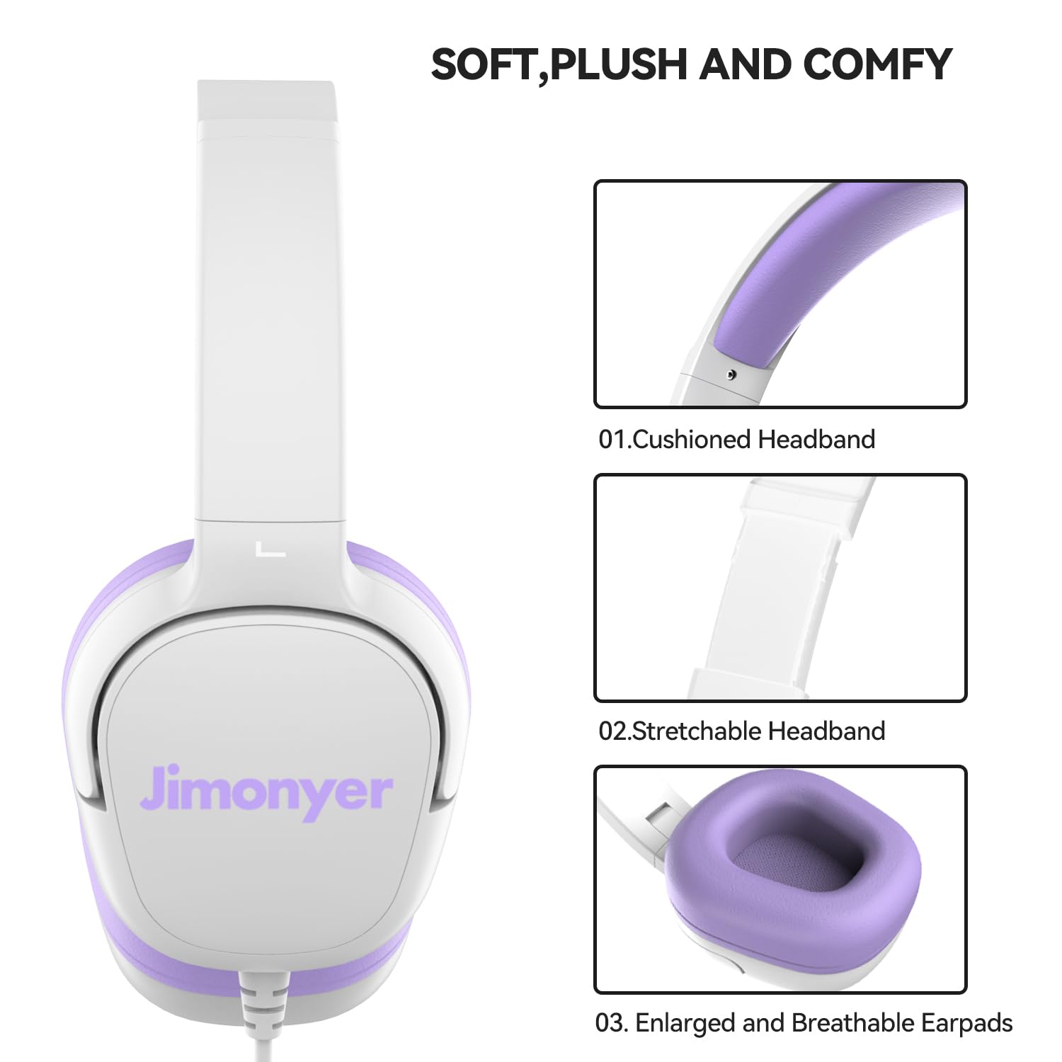 Jimonyer Auriculares para niños para la escuela, auriculares con cable jack de 3.5 mm para niños con limitador de volumen seguro, sonido estéreo HD, auriculares supraaurales para niñas, niños, para