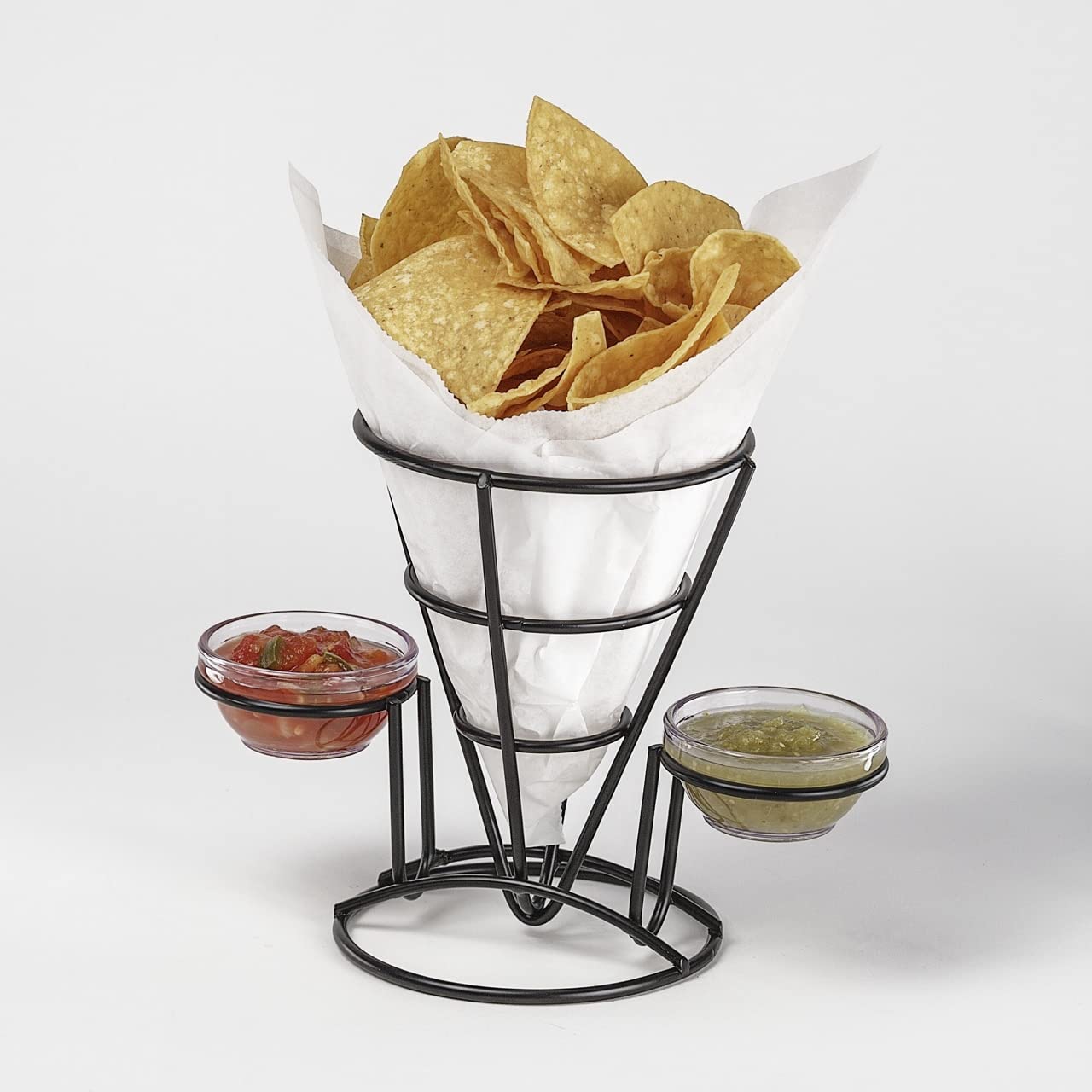 G.E.T. Enterprises Black Metal Cone French Fry Holder with Two Sauce Cup Holders Iron Powder Coated Specialty Servingware Collection 4-361742 (Pack of 1)