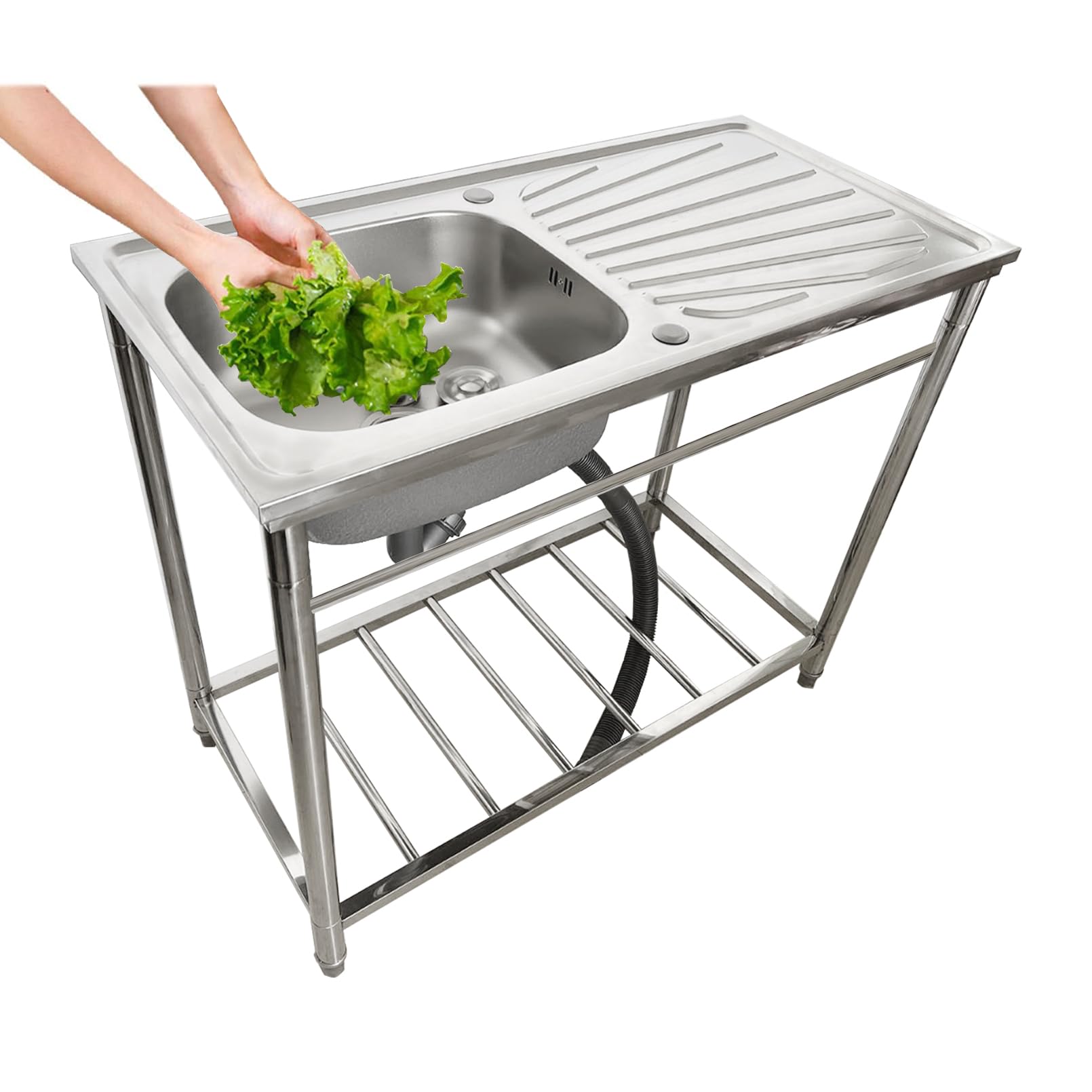 Évier de Cuisine en Acier Inoxydable - Poste de Travail extérieur autoportant avec établi et Robinet, lavabo Utilitaire pour buanderie, Garage, Jardin ou intérieur, Gain de Place