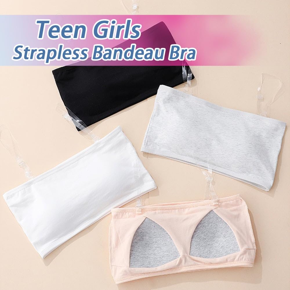 Bysion Reggiseno Senza Spalline per Ragazze Sportivo Intimo Senza Cuciture con Fisso Torace Pastiglie e Spalline Invisibili Bandeau Top Brassiere con Cotone per 10-18 Anni