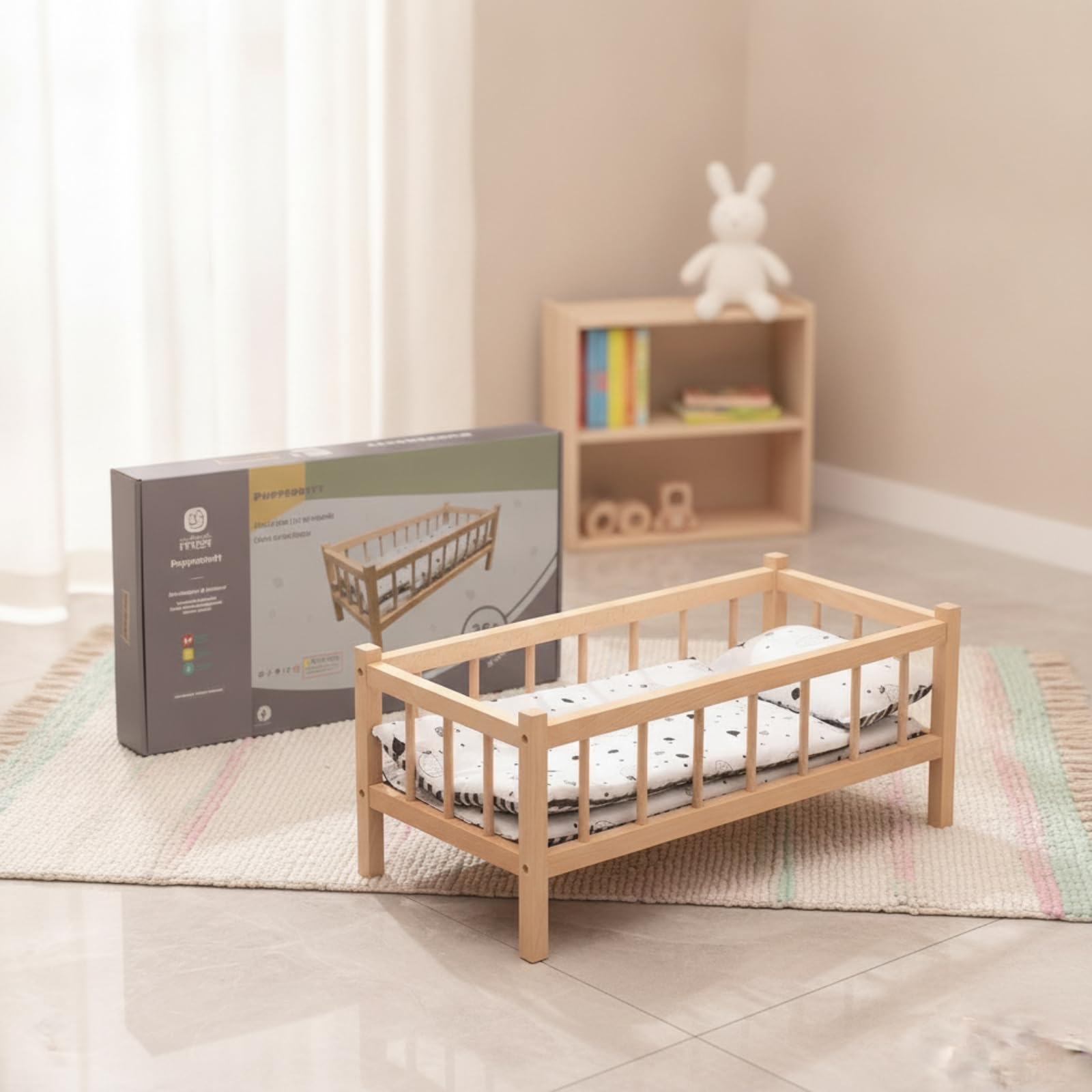 Letto per Bambole Culla Lettino Mini Letto in Legno di Faggio con Verticali E Cornice Rettangolare per Gioco di Ruolo Educativo Adatto a Cameretta Asilo Regalo Bambini