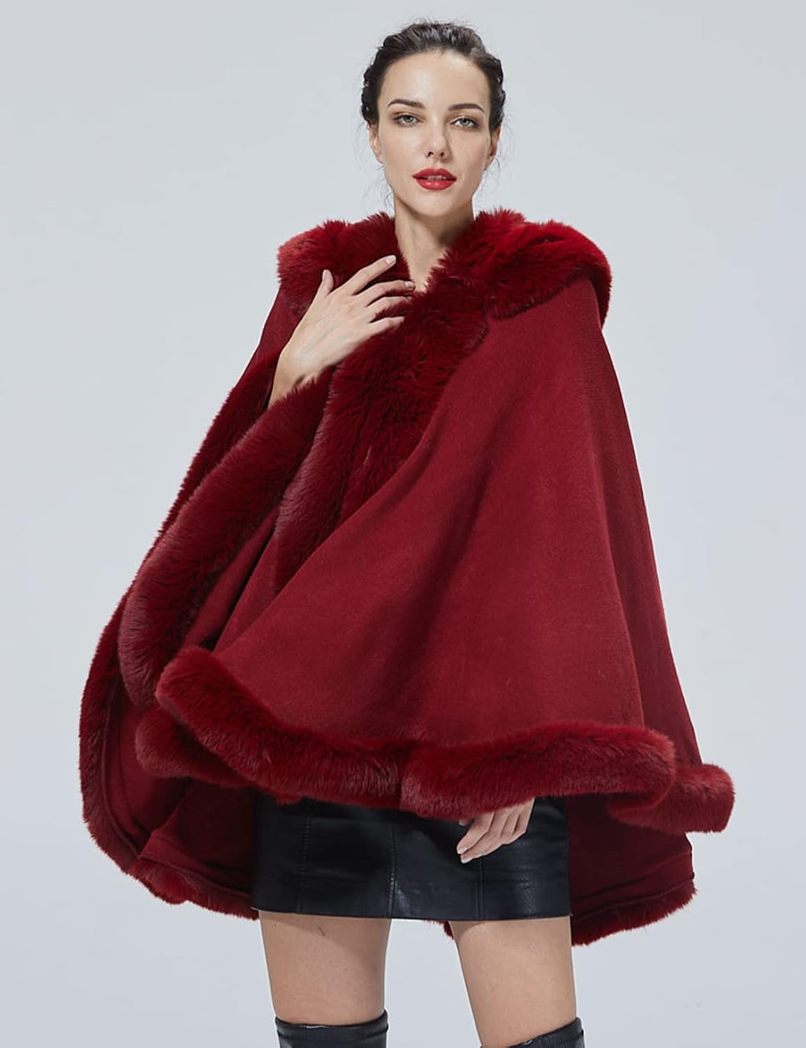 Poncho Hooded Shawl Wrap Women Cape Winter Faux Fur Trim Coat Sleeveless Cardigan Dressy Cloak for Party - Image 3
