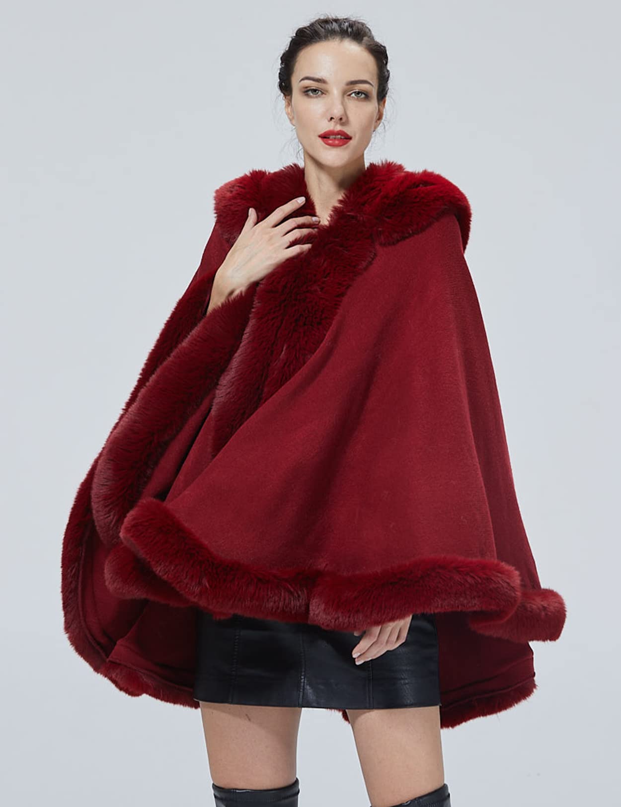 SUFCOMOU Poncho Hooded Shawl Wrap Women Cape Winter Faux Fur Trim Coat Sleeveless Cardigan Dressy Cloak for Party