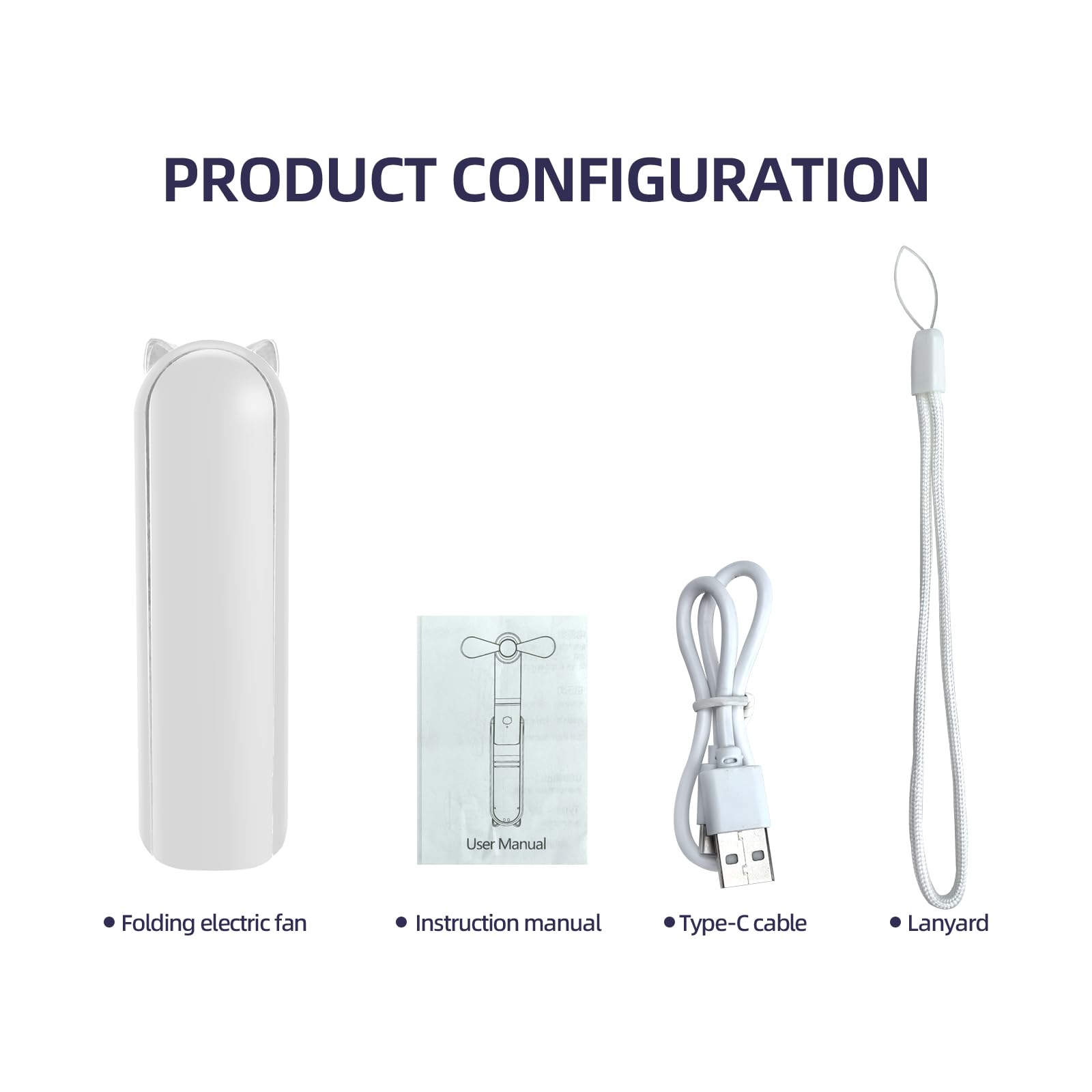 Jsdoin Ventilatore Portatile, 3 Velocità Ricaricabile Ventilatore Tascabile con Banca di potere, Cordino, Mini Ventilatore per Casa, Ufficio, Viaggi e all’aperto (Bianco)