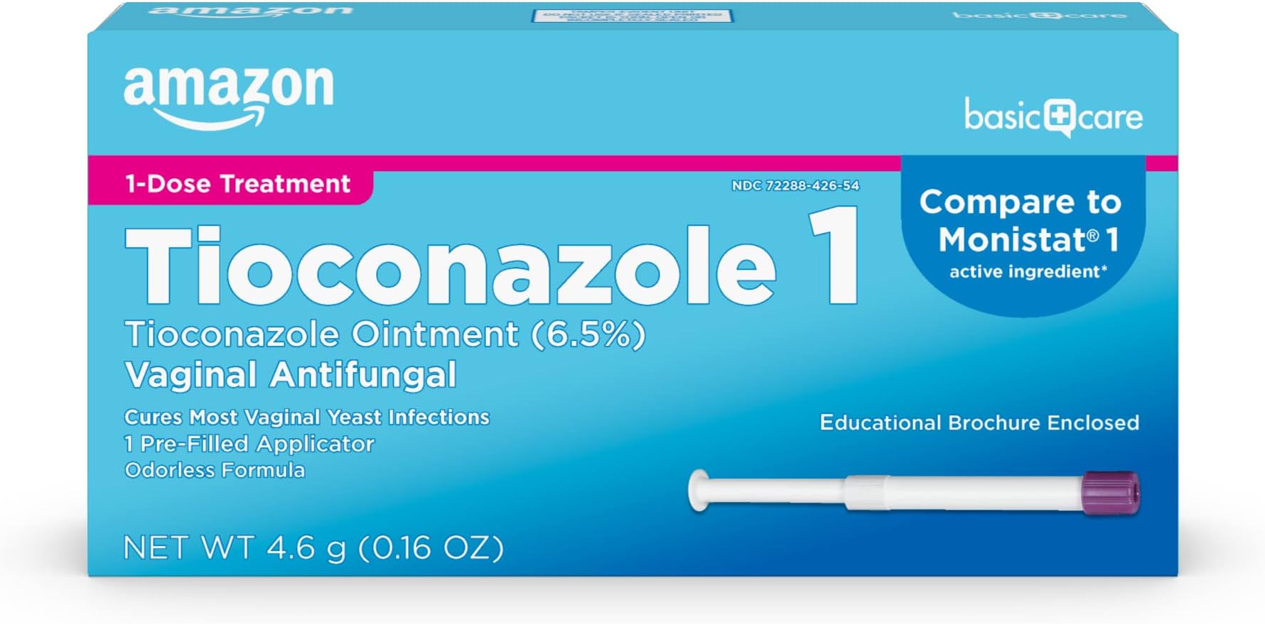 Amazon Basic Care Tioconazole Ointment 6.5 Percent, 1-Dose Yeast Infection Treatment For Women, Fast Acting Relief, Pre-Filled Applicator, Odorless Formula, 0.16 ounce (Pack of 1)