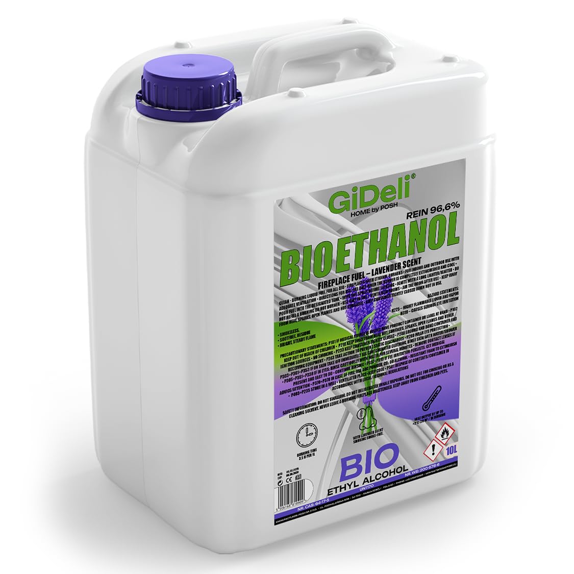 GiDeli Bioetanolo 10 l profumo di lavanda 96,6% etanolo per camini interni ed esterni, senza fumo e fuliggine, da mais e barbabietola da zucchero