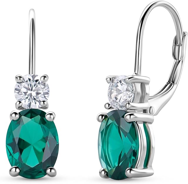 Miore Women's Silver Earrings with Oval Green Emerald- Red Ruby and Brilliant Cut Zirconia Gemstones in 925 Sterling Silver Drop Earrings Birthstone- skin friendly- gift box included