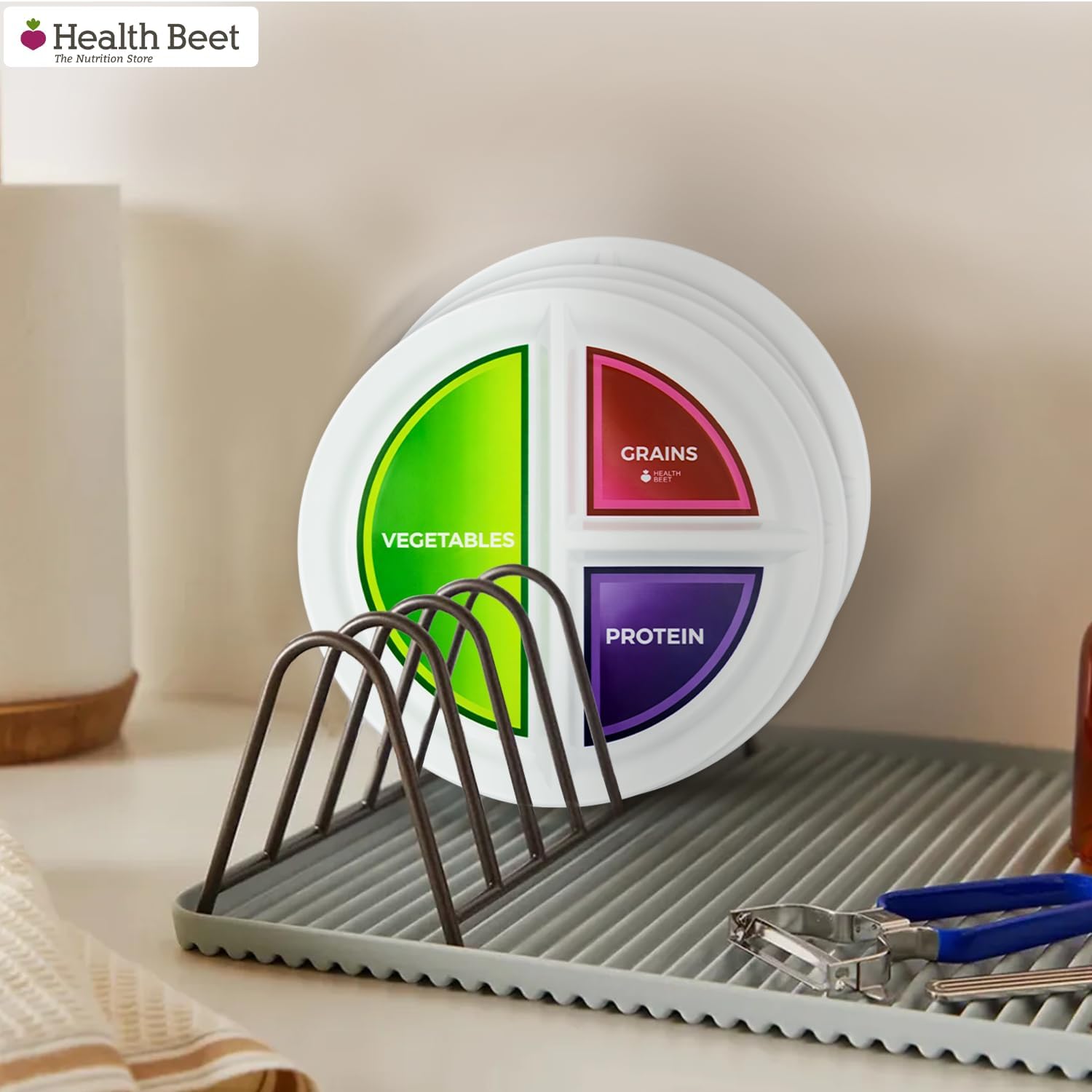 Health Beet Portion Control Plate for Mediterranean Diet, 3 Divided Sections for Vegetables, Grains and Proteins, Dishwasher, Microwave Safe Sectioned Plate for Healthy Eating, (1 Pack) English
