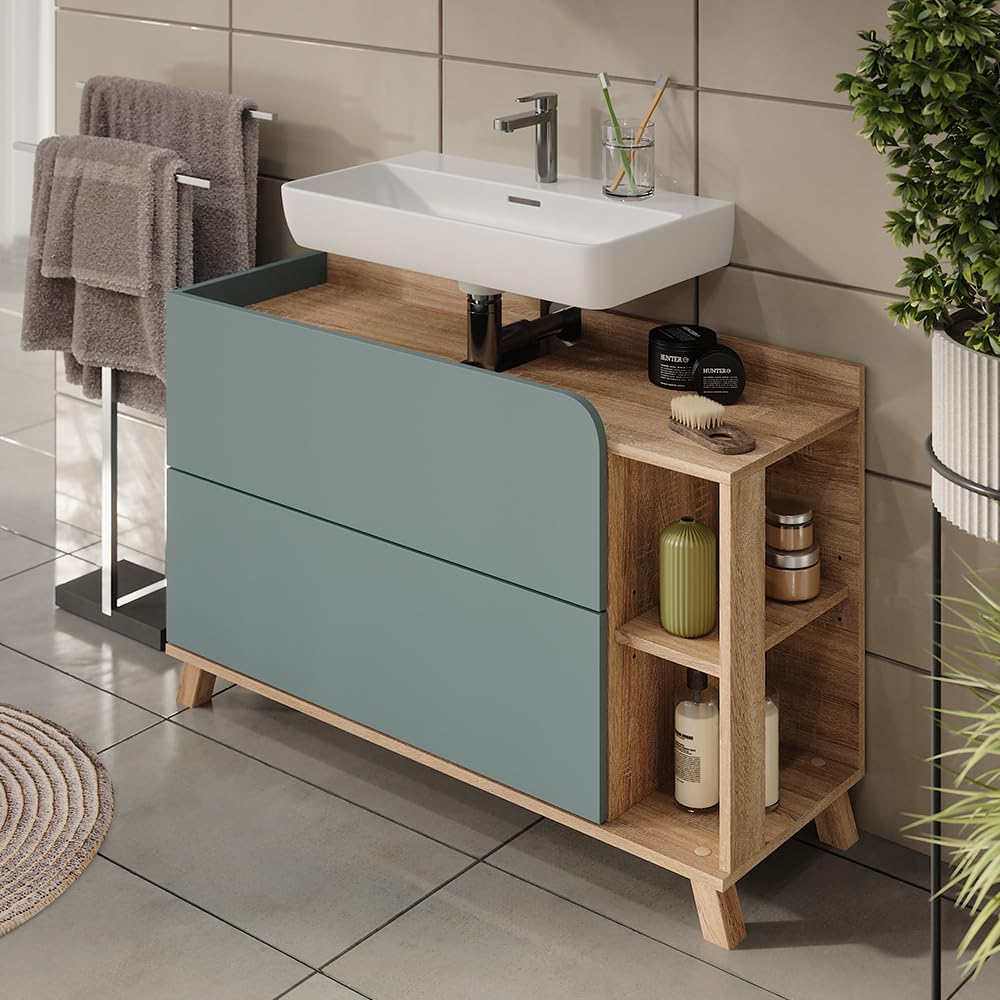 Vicco Mobiletto per lavabo Karen, Sonoma/blu, 100 x 65 cm con 2 cassetti, per montaggio sotto il lavabo con apertura per sifone